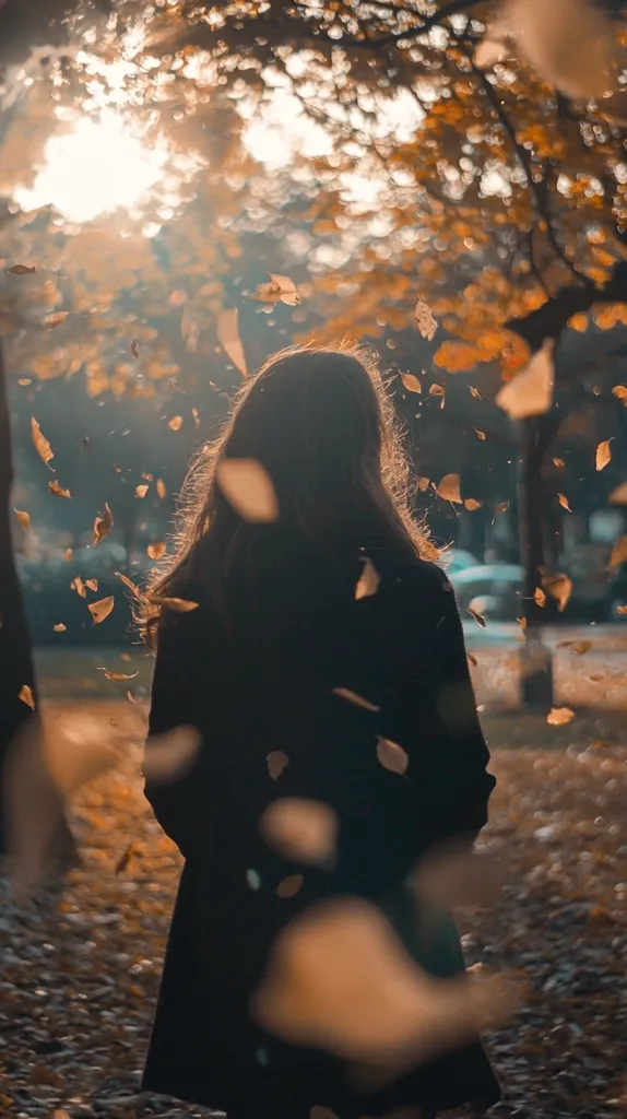 A woman stands in the middle of a path surrounded by fallen autumn leaves. The leaves are scattered on the ground and swirling around her, with a soft glow of sunlight shining through the trees overhead. The image captures a sense of tranquility and serenity.