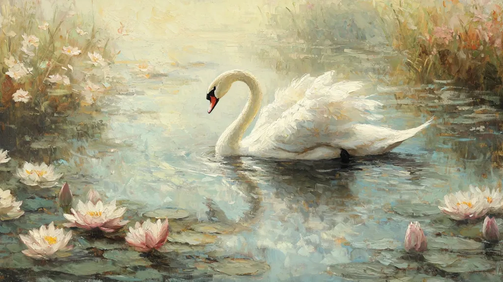 A white swan gracefully swims through a serene pond, its elegant neck curved back as it gazes at the water. The pond is adorned with delicate pink water lilies and lush green foliage, creating a picturesque scene. The sunlight filters through the leaves, casting a soft glow over the water and the swan's pristine feathers.  The overall impression is one of tranquility and natural beauty.
