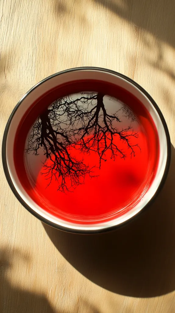 A white bowl with a black rim sits on a wooden surface. The bowl is filled with bright red liquid, and the silhouette of a bare tree is reflected in the surface. Sunlight casts a shadow on the surface behind the bowl.  The image creates a sense of  peaceful contemplation and the passage of time.