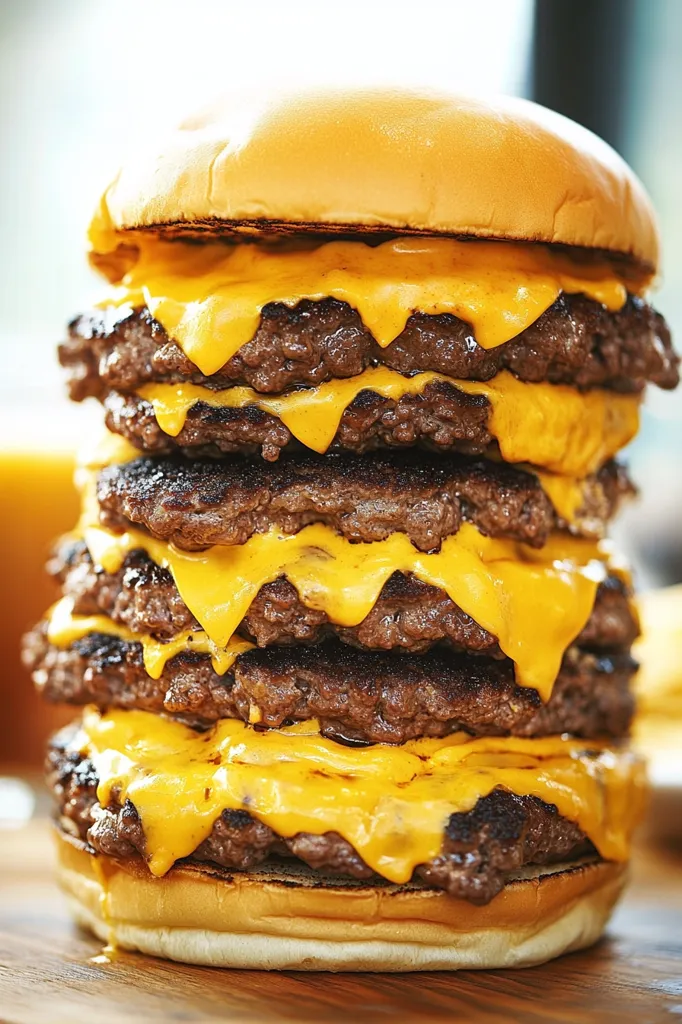 A towering cheeseburger with four juicy beef patties and melted cheese. The burger is piled high, with cheese dripping down the sides. The bun is toasted and golden brown. The burger is sitting on a wooden surface. It looks incredibly delicious and satisfying.