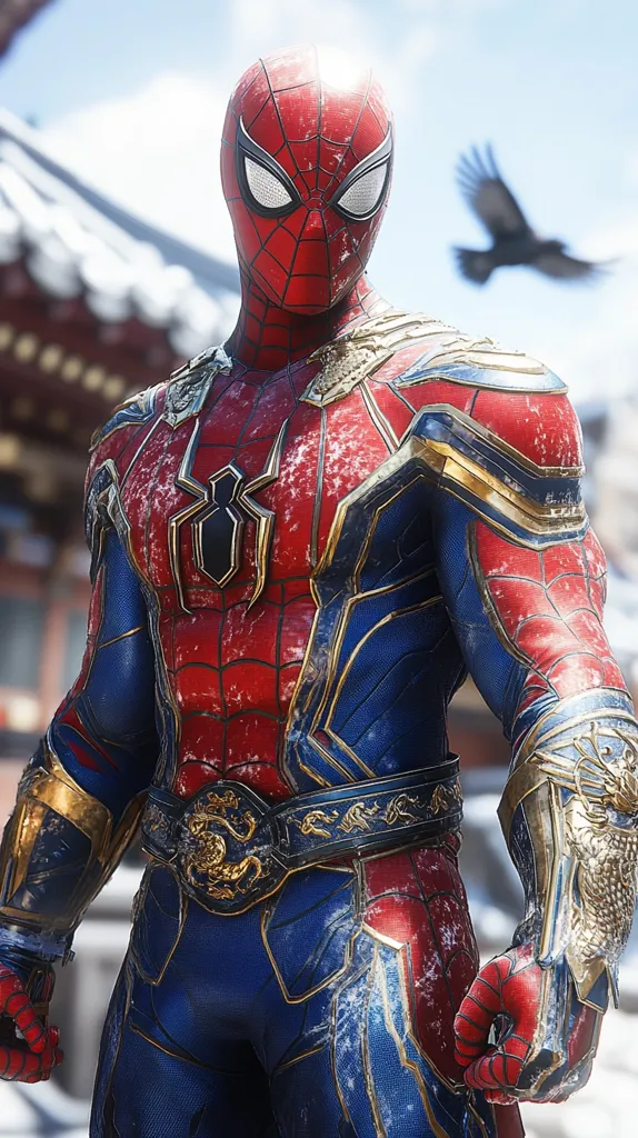 The image shows a stylized version of Spider-Man in a red and blue suit with gold accents. He is wearing a belt with a dragon design and his suit appears to be covered in a layer of ice or snow. The background shows a traditional Asian building. A black bird flies in the background. The image seems to be a promotional image for a video game or movie.