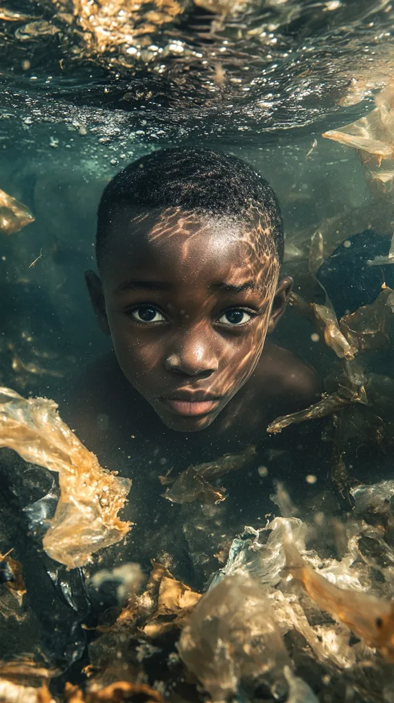 A young black boy with dark, short hair looks directly at the camera with a serious expression. He is underwater, surrounded by swirling plastic waste. The water is murky and the plastic has a yellowish hue, casting shadows on the boy's face.  The image evokes a sense of melancholy and the detrimental effects of pollution.