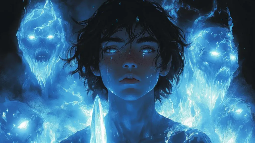 A young person with dark hair stands in front of a swirling blue mist that takes on the shape of monstrous faces. Their eyes glow with a faint blue light as they look intensely forward, seemingly ready to face the unknown. Their expression is stoic, and the energy surrounding them suggests a power beyond their years. The image evokes a sense of mystery and danger, hinting at a battle against unseen forces.