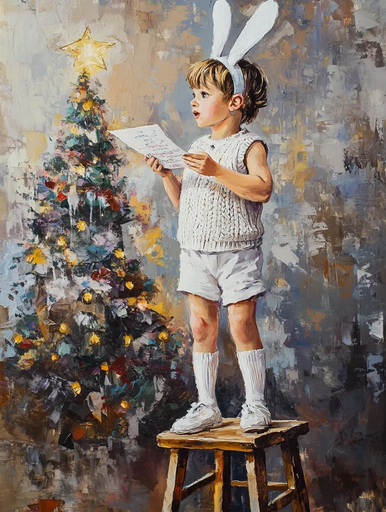 A young boy wearing white bunny ears stands on a small wooden stool, holding a piece of paper and singing carols. He stands in front of a decorated Christmas tree, his face lit up with joy as he performs. The painting is rendered in a vibrant, textured style, capturing the innocence and magic of the holiday season.