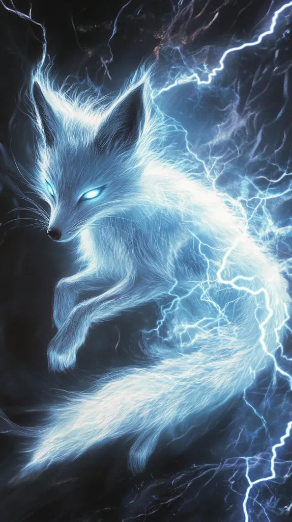 The image features a luminous white fox, seemingly composed of electricity, against a dark, stormy backdrop. Lightning bolts surge through the fox’s body, illuminating its fur and piercing blue eyes. The creature’s ethereal form suggests a powerful and mystical being.