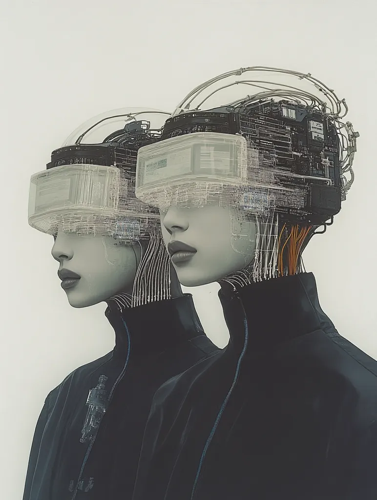 Two figures, seemingly identical, wear futuristic headwear composed of wires and circuitry. Their faces are smooth and pale, their eyes hidden beneath the intricate technology. The figures are dressed in black jackets, the color emphasizing their mysterious and somewhat robotic appearance. They are set against a stark white background, highlighting their otherworldly presence.