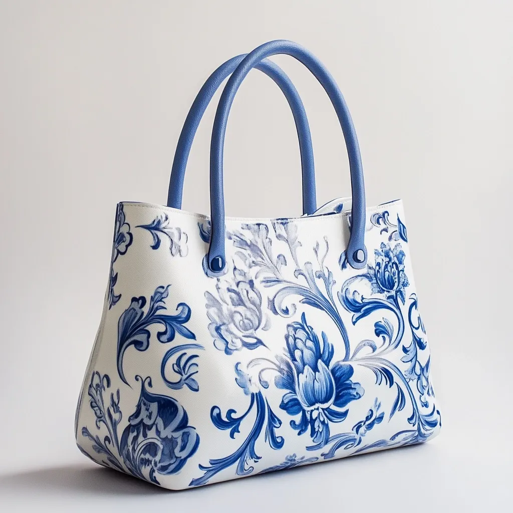 A white tote bag with blue floral patterns and blue handles. The bag is made of a smooth material that appears to be leather or faux leather. The floral pattern is intricate and reminiscent of chinoiserie designs. The bag has a simple, yet elegant, design that would be suitable for a variety of occasions.