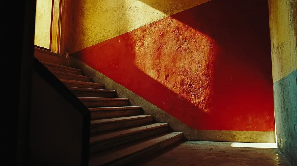 A set of wooden stairs leads up to a doorway in a building with red, yellow, and blue walls. Sunlight streams through the doorway, illuminating the steps and casting a shadow on the wall. The scene is simple but captivating, highlighting the interplay of light and shadow.