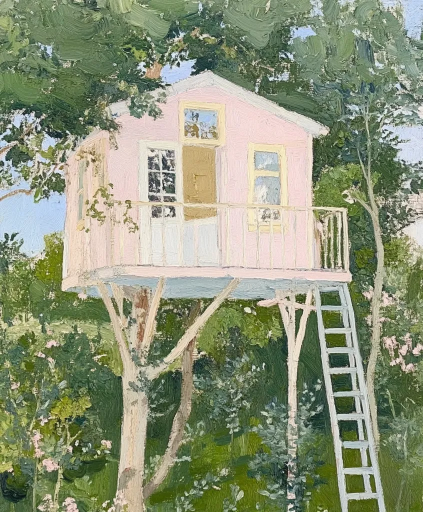 A charming pink treehouse with white trim stands tall in a lush green forest. It has a balcony with windows and a ladder leading up to the entrance. The treehouse is nestled amongst the trees, creating a sense of privacy and wonder. The painting captures the beauty of nature and the childhood dream of having a treehouse. The brushstrokes are loose and expressive, giving the image a whimsical feel.