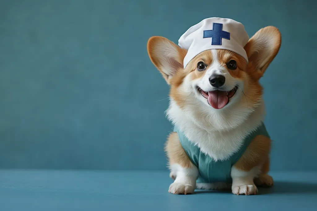 A smiling corgi dog is wearing a white nurse's hat with a blue cross and a blue surgical scrub top. The dog is sitting on a blue background. The dog's tongue is sticking out, and it looks happy.