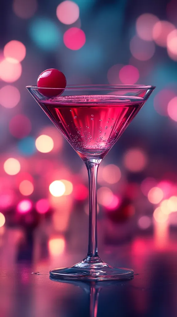 A martini glass filled with a pink alcoholic beverage sits on a dark surface. A red cherry rests on the rim of the glass. The background is a blurred out pink and purple bokeh. The overall feeling is one of sophistication and celebration.