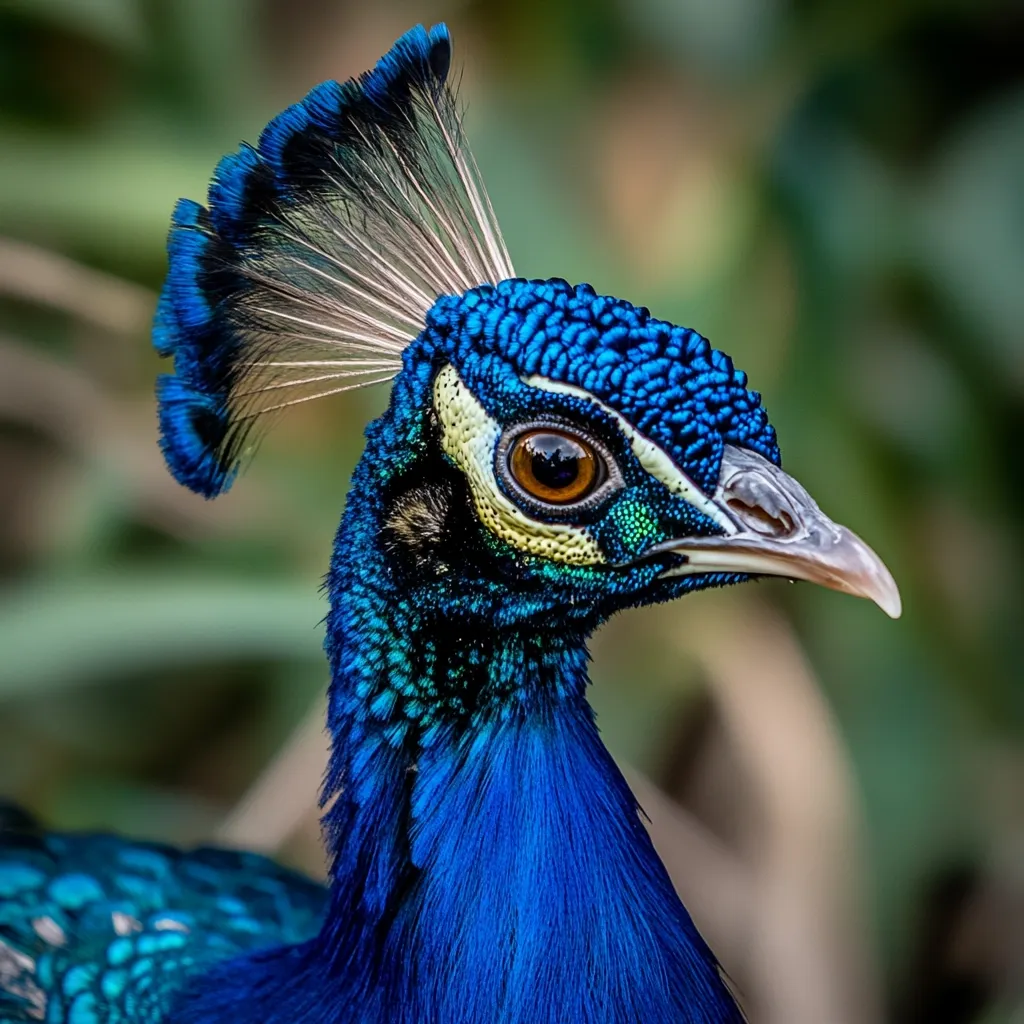 A peacock's head and neck are shown in close-up.  The bird's feathers are a vibrant blue with a green iridescence.  The crest of feathers atop the head is a deep black and white.  The peacock's eye is bright orange and yellow.  The beak is a pale yellow with a pointed tip.  The background is blurred and out of focus.  The photograph has a shallow depth of field, drawing the viewer's eye to the intricate details of the bird.