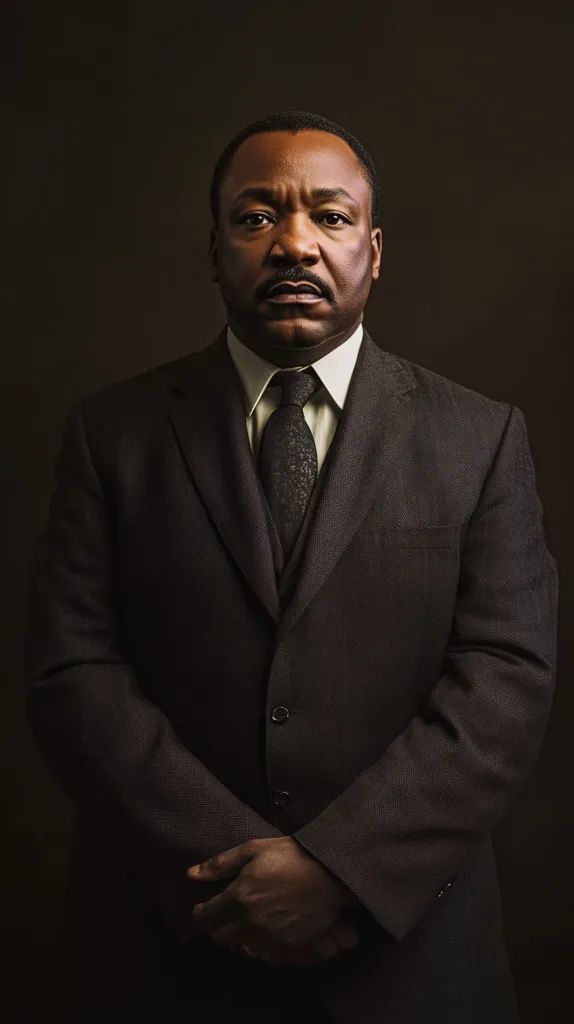 A man in a dark suit and tie stands against a dark background. He looks directly at the camera with a serious expression on his face. His hands are clasped in front of him. The image has a somber and formal tone. The lighting is soft, casting shadows that emphasize the man's features.  He is wearing a white shirt, a dark tie, and a three-piece suit. His face is illuminated, creating a stark contrast with the darkness of his suit and the background.