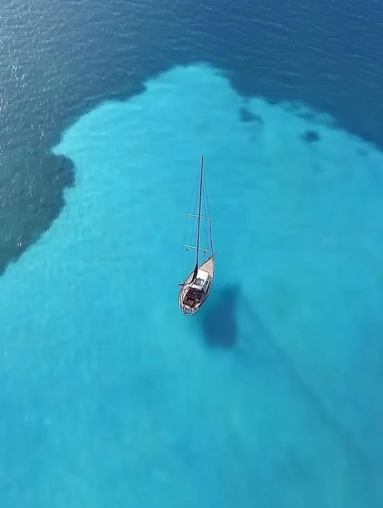 An aerial view of a sailboat anchored in crystal clear turquoise waters. The boat casts a long shadow on the ocean floor, visible through the transparent water. The surrounding sea is a deep, vibrant blue, creating a striking contrast with the bright turquoise. The image captures the serenity and beauty of a peaceful marine environment.