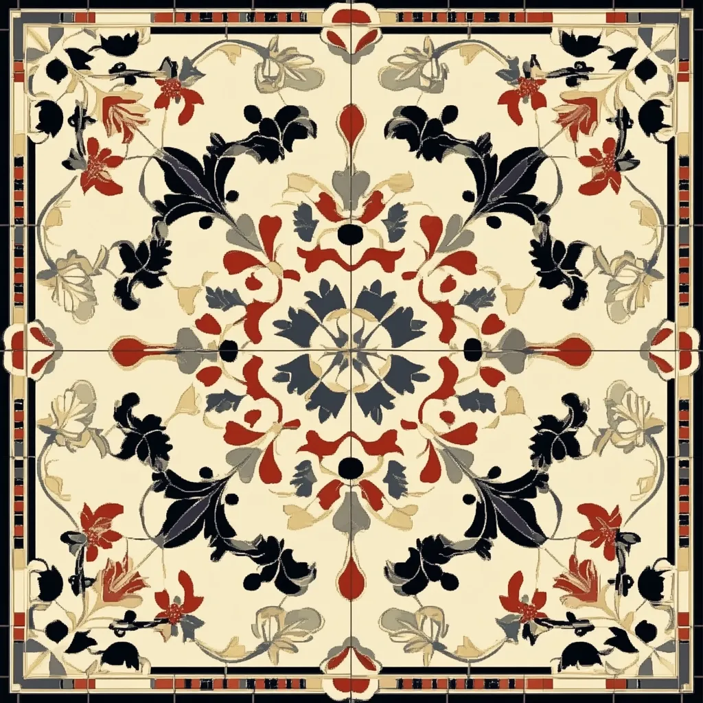 The image is a square tile with a geometric pattern of intertwining leaves and flowers in shades of red, black, gray, and cream. The design is symmetrical, with a central motif of a star surrounded by four smaller stars. The background is a creamy white. The tile has a border of black, red, and white.