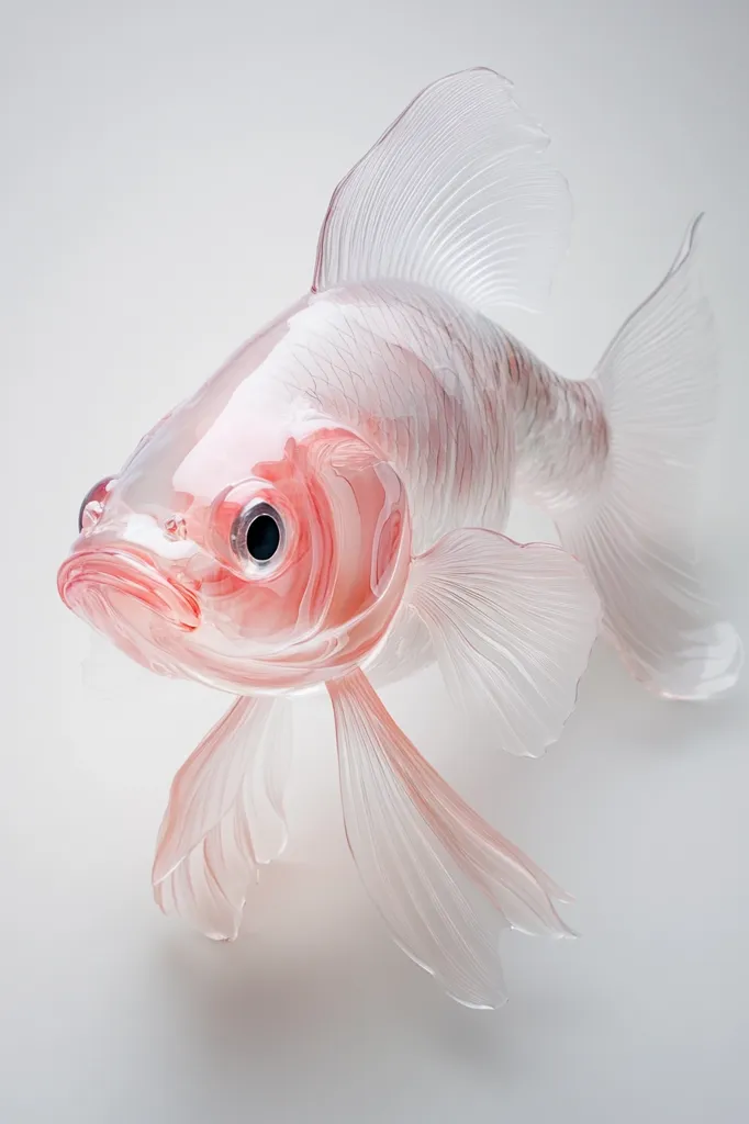 A delicate, translucent goldfish sculpture in a soft pink hue. The fish has a large, rounded head with a single, dark eye and thin, flowing fins. The sculpture is captured against a plain, white background, highlighting its intricate details and ethereal beauty. The delicate lines of the fins and the slightly blushing color give the sculpture a sense of fragility and grace.