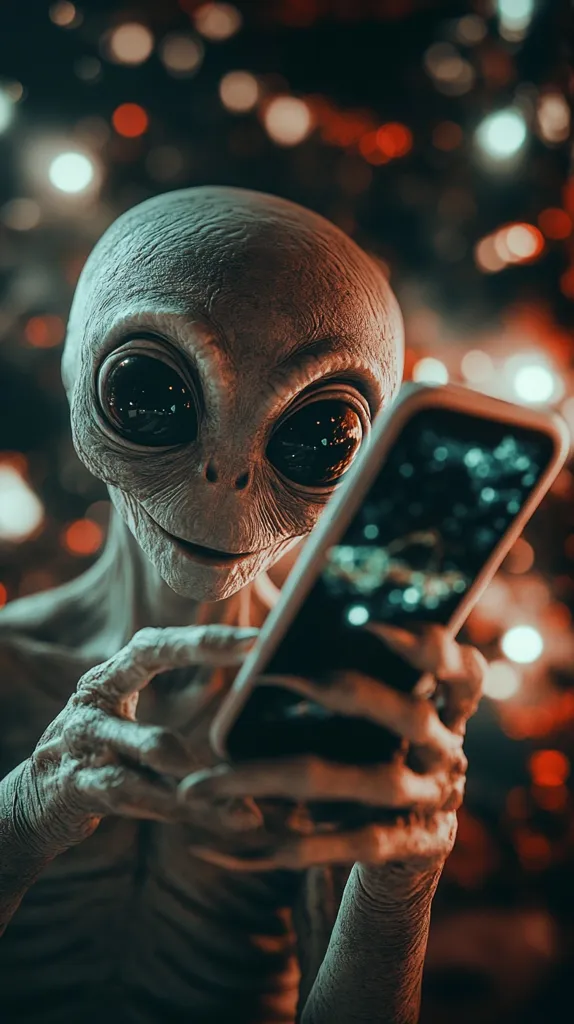 A gray alien with large eyes and a small mouth is holding a smartphone in both hands. The alien is looking at the phone screen and is smiling. The background is blurred with orange and white lights.  The scene suggests the alien is using the phone to communicate or access information.