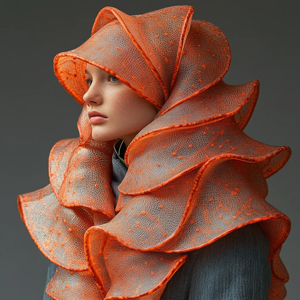 A woman with fair skin wears a large, intricately-designed, orange fabric headpiece. The fabric is ruffled and layered, creating a dramatic and futuristic silhouette. Her expression is thoughtful as she looks to the side, her eyes and lips barely visible. The fabric is translucent, revealing the subtle texture of the material beneath.  The background is a simple grey, allowing the headpiece to take center stage.