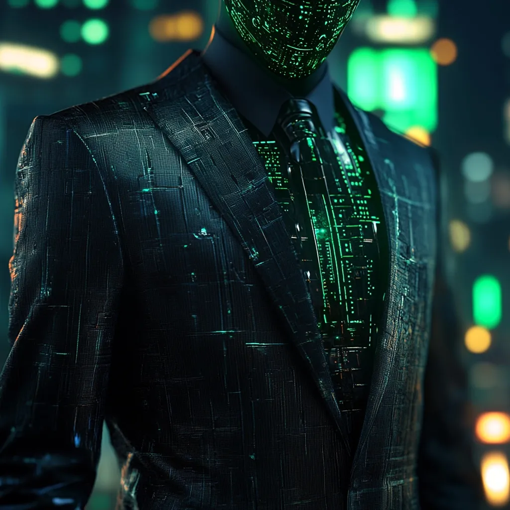 A close-up of a person wearing a futuristic suit with glowing green circuitry patterns woven into the fabric. The suit is dark and sleek, suggesting a high-tech or cyberpunk aesthetic. The individual's head is obscured, adding an element of mystery. The blurred city background hints at a bustling urban setting.  The image evokes a sense of technology, power, and anonymity.