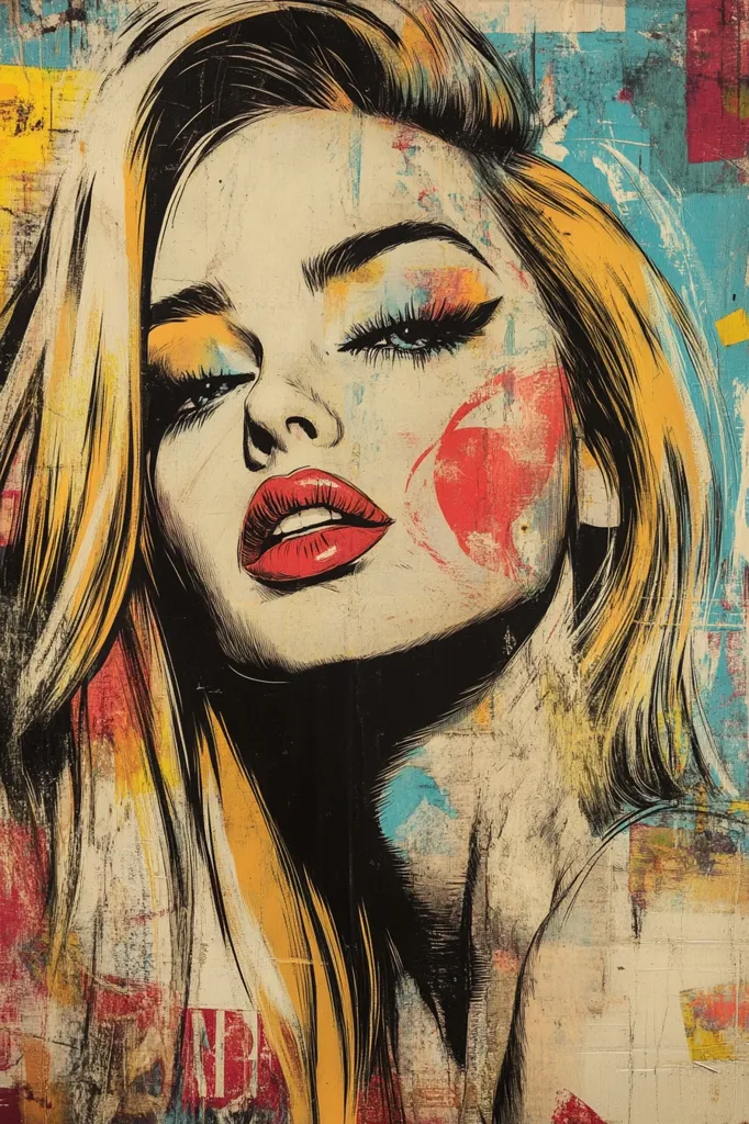 The image is a colorful, abstract portrait of a woman with long blonde hair. Her face is stylized and exaggerated, with bold lines and colors. The background is a chaotic mix of textures and shapes, suggesting a sense of urban energy and expression. The woman's gaze is intense and alluring, drawing the viewer into her world. The painting evokes a sense of both beauty and chaos, capturing the complexities of modern life.