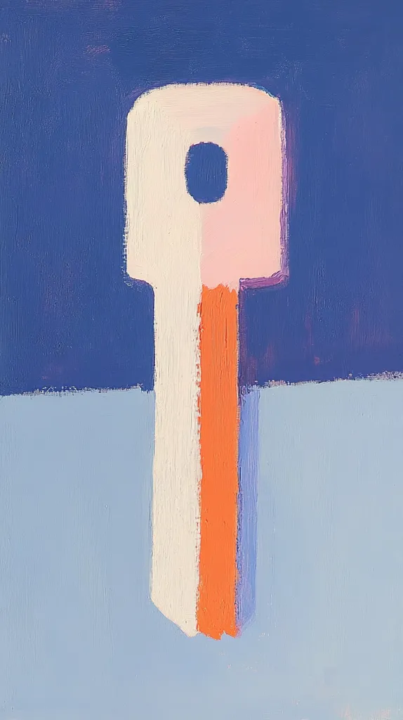The image is an abstract painting with a keyhole shape at the top of a tall rectangular shape. The keyhole shape is pink with a blue circle inside. The rectangular shape is white, with an orange stripe down the middle, and a thin blue stripe on the right. The background is blue at the top and light blue at the bottom. The painting is done in thick brushstrokes.