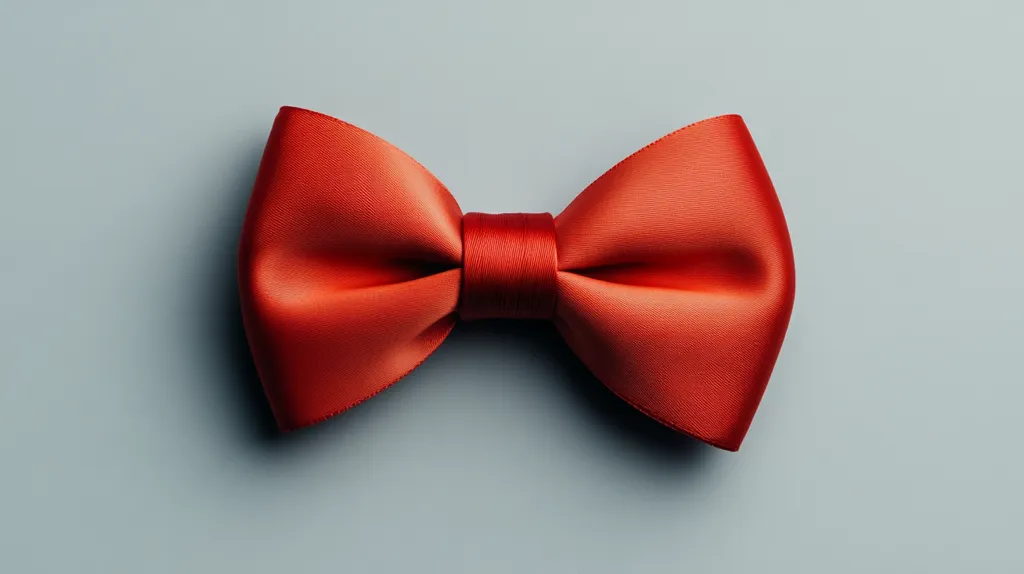 A bright red bow tie made of satin lies on a light grey surface. The bow is tied perfectly and looks elegant and festive. It could be a symbol of celebration, fashion, or a special occasion. The image is simple but eye-catching, with the red bow being the focal point against the neutral background.