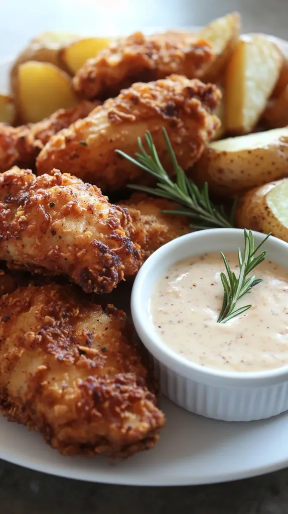 A plate of crispy, golden-brown fried chicken tenders with a side of potato wedges and a creamy dipping sauce. A sprig of rosemary adds a touch of freshness to the dish. The chicken tenders are coated in a thick, crunchy breading, and the potatoes are perfectly cooked and fluffy. The dipping sauce is smooth and creamy, perfect for complementing the savory flavors of the chicken and potatoes.