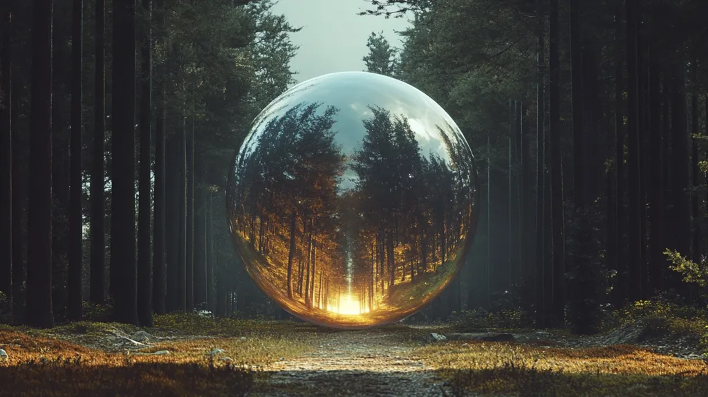 A large, silver sphere sits in the middle of a dense forest, reflecting the surrounding trees.  The sphere is positioned on a path, with a bright light shining through the trees in the background.  The light creates a sense of wonder and mystery. The scene is both surreal and beautiful.