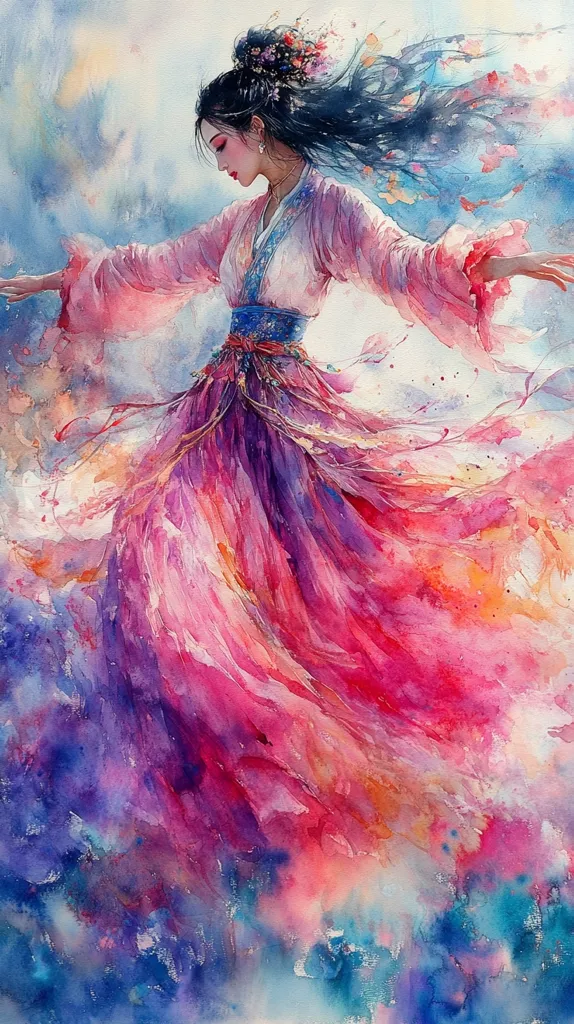 The watercolor painting depicts a woman with flowing black hair and a vibrant pink and purple dress. Her arms are outstretched, and her dress billows around her like a cloud. The background is a wash of blue and purple, creating a dreamy and ethereal atmosphere. The artwork is characterized by delicate brushstrokes and a soft, romantic feel.