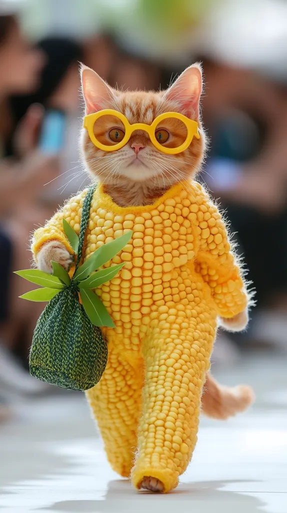 A cat is wearing a yellow corn costume, with a green bag hanging on its arm. The cat is also wearing yellow round sunglasses and has a serious expression. The cat is walking on a white surface. The costume is made to look like a corn cob, with the kernels visible. The background is blurry, but it appears to be an outdoor setting. The cat's outfit is both comical and creative.