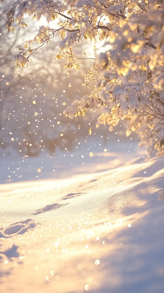The image shows a snowy winter landscape with a soft, golden light filtering through the branches of a snow-covered tree.  The snow glistens in the sunlight, and the air is filled with falling snowflakes.  The image evokes a sense of peace and tranquility.