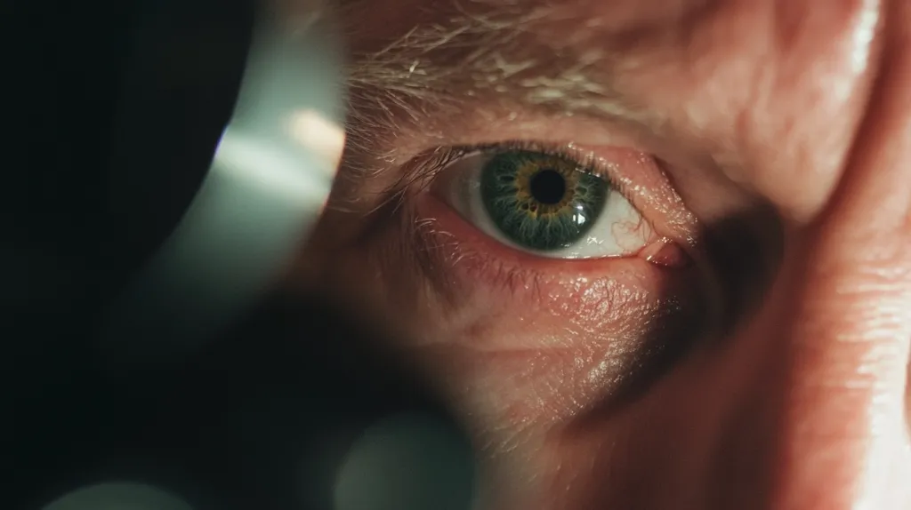 The image is a close-up of a man's eye. The eye is green and the pupil is dark. The man's face is wrinkled and he looks tired. The image is lit from the side, casting a shadow across the man's face. It has a dark and mysterious atmosphere. The image focuses on the detail of the man's eye and its surrounding skin, highlighting the beauty and fragility of the human form.