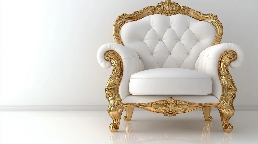 The image shows a white armchair with a gold frame. It has a tufted back and seat, intricate carvings on the arms and legs, and a regal, ornate design. It sits on a white floor against a plain white wall, creating a minimalist backdrop that emphasizes the chair's grandeur. The gold frame gleams in the light, highlighting the craftsmanship and elegance of the piece.