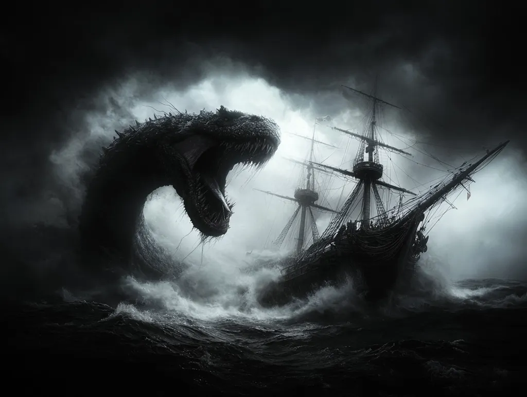 A large, menacing sea serpent emerges from the dark, stormy waters, its gaping maw open wide. A tall, foreboding ship battles the waves, its sails tattered and torn, as it faces the monstrous creature. The scene is rendered in stark black and white, creating a sense of dread and impending doom.