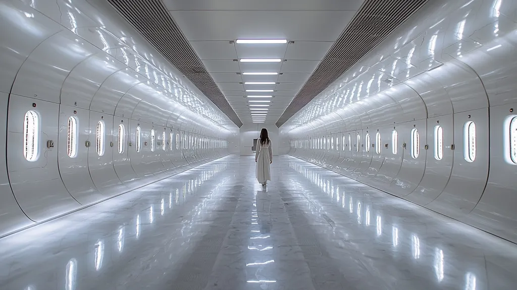 A lone figure in a white dress walks down a long, white corridor. The walls are lined with evenly spaced, round portholes, and the floor is a reflective surface. The corridor is brightly lit by overhead fluorescent lights, creating a sterile, futuristic atmosphere. The image conveys a sense of isolation and anonymity.