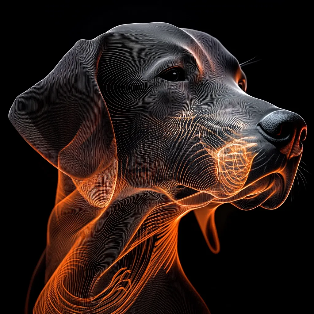 A dog's head is depicted in a stylized, abstract way. Its form is composed of a mesh of thin lines, with a glowing orange color emanating from its nose and radiating outwards. The background is a deep black, contrasting the intricate network of lines that make up the animal's silhouette. The image evokes a sense of both technology and the natural world, suggesting a digital representation of a living creature.