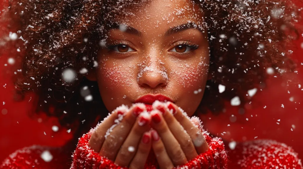 A woman with dark curly hair blows on her hands to warm them up in the snow. She is wearing a red sweater and has red lipstick on. The background is a blur of red and white. The image is intimate and romantic, and evokes a sense of cozy winter warmth.