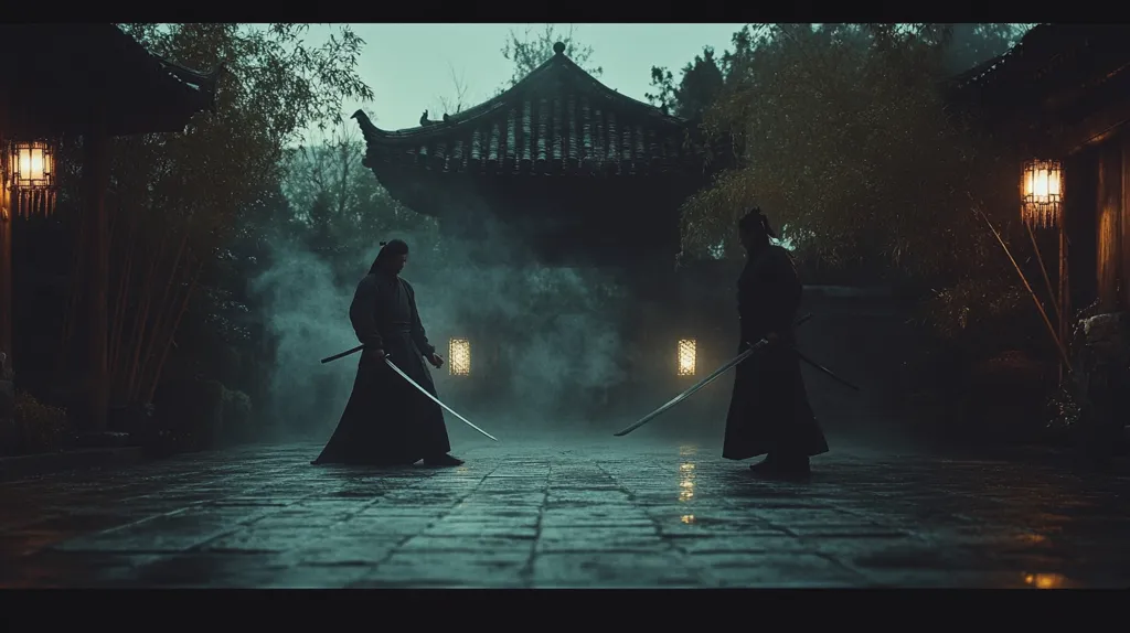 Two figures in traditional Japanese clothing stand facing each other in a dimly lit courtyard. They are silhouetted against the mist and hold swords in their hands.  The scene is mysterious and evokes a sense of tension, possibly foreshadowing a duel.  A traditional Japanese building stands in the background, adding to the atmosphere.