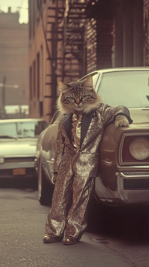 A cat wearing a gold sequined suit leans against a vintage car, with a serious expression on its face. The cat is standing on a city street, with a blurred background of buildings and another car. The image has a retro feel, with warm tones and a slight vintage filter.  The cat's confident posture and stylish attire create a humorous and charming scene.