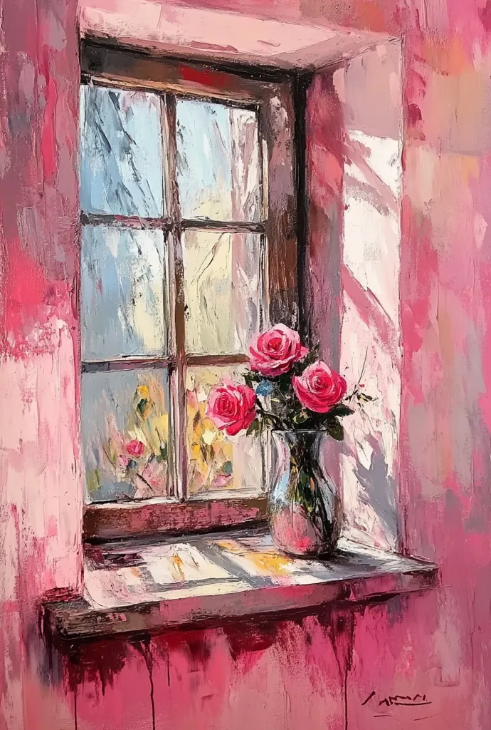 The painting depicts a window with a view of a blurry outdoor scene. Sunlight streams in through the window, casting stripes of light on the pink wall. A vase of pink roses sits on the windowsill, adding a touch of vibrancy and beauty to the scene. The overall effect is one of tranquility and warmth.  The painting is likely an oil painting, as the brushstrokes are thick and visible. The artist has captured the light and shadow beautifully, creating a sense of depth and dimension.  The use of color is also noteworthy, with the pink walls providing a strong contrast to the green of the foliage outside the window. The painting evokes a feeling of peace and serenity.