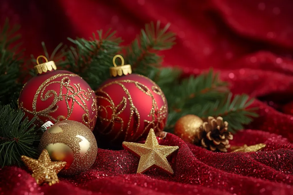Three red Christmas ornaments with gold glitter designs are nestled in a bed of pine needles and red glitter fabric.  The ornaments are surrounded by gold stars and a pine cone.  The overall image is festive and bright.