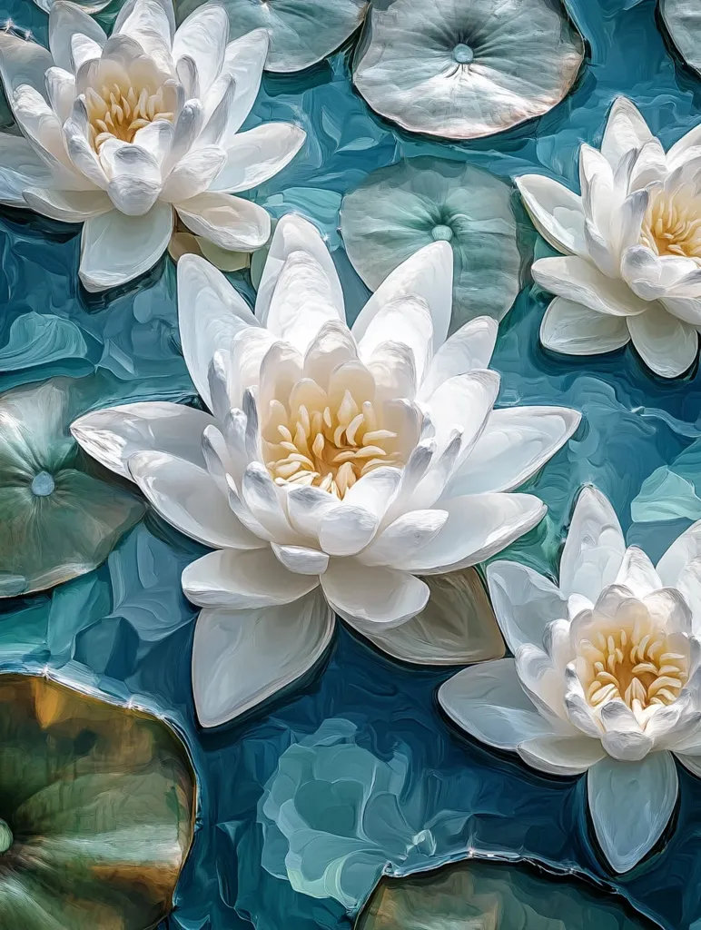 The image depicts four white water lilies floating on a serene blue pond. The water lilies have delicate petals and bright yellow centers. The water around them is a rich, deep blue, and the leaves beneath them are a muted green. The image conveys a sense of peacefulness and tranquility.