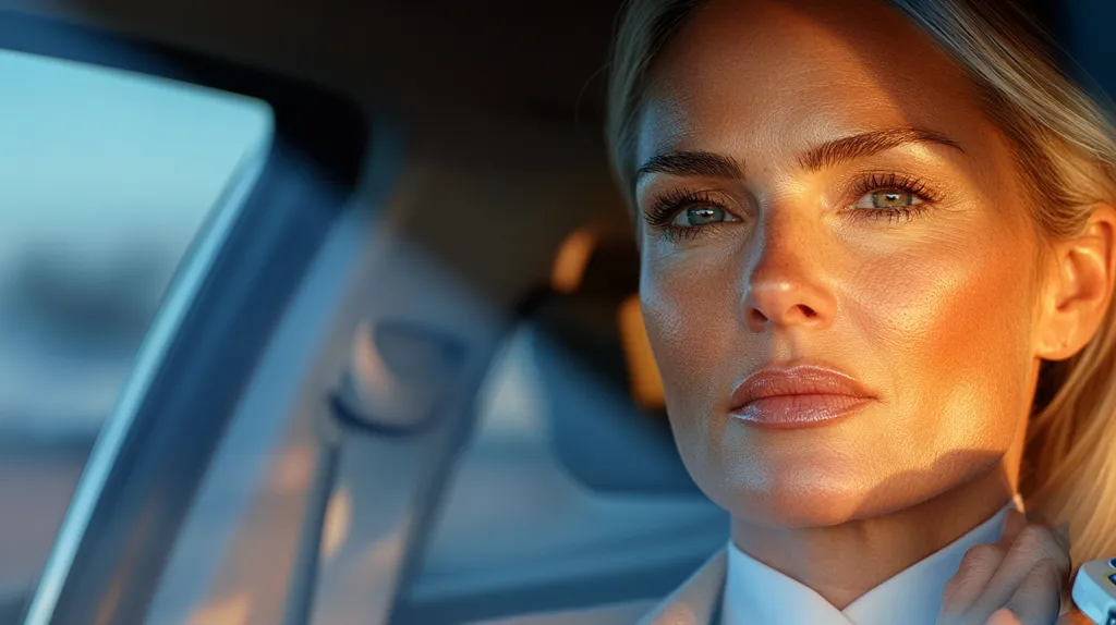 A woman with blonde hair and glowing skin sits in a car, bathed in warm light. She stares intently forward, her lips slightly parted, hinting at a thoughtful expression. Her eyes are a striking shade of blue, and her face is framed by the car's window, creating a soft, ethereal mood. The interior of the car is a blur of light and shadow, suggesting a sense of movement and anticipation.