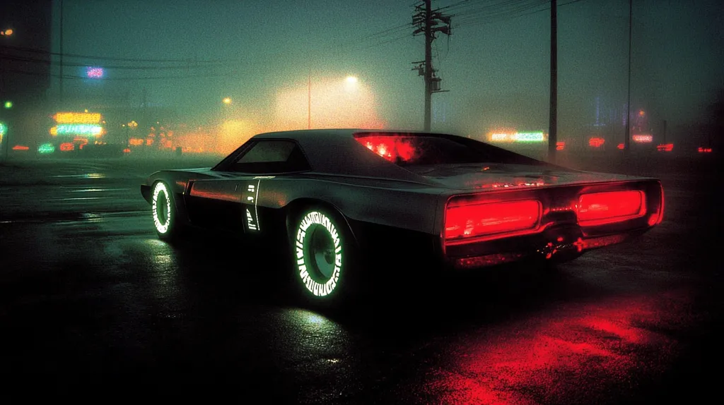 A classic muscle car is parked on a deserted street at night. The car has glowing green tires and red taillights. The street is wet, reflecting the red glow of the taillights.  The city lights are blurred in the background, adding to the moody atmosphere. The image evokes a sense of mystery and nostalgia.