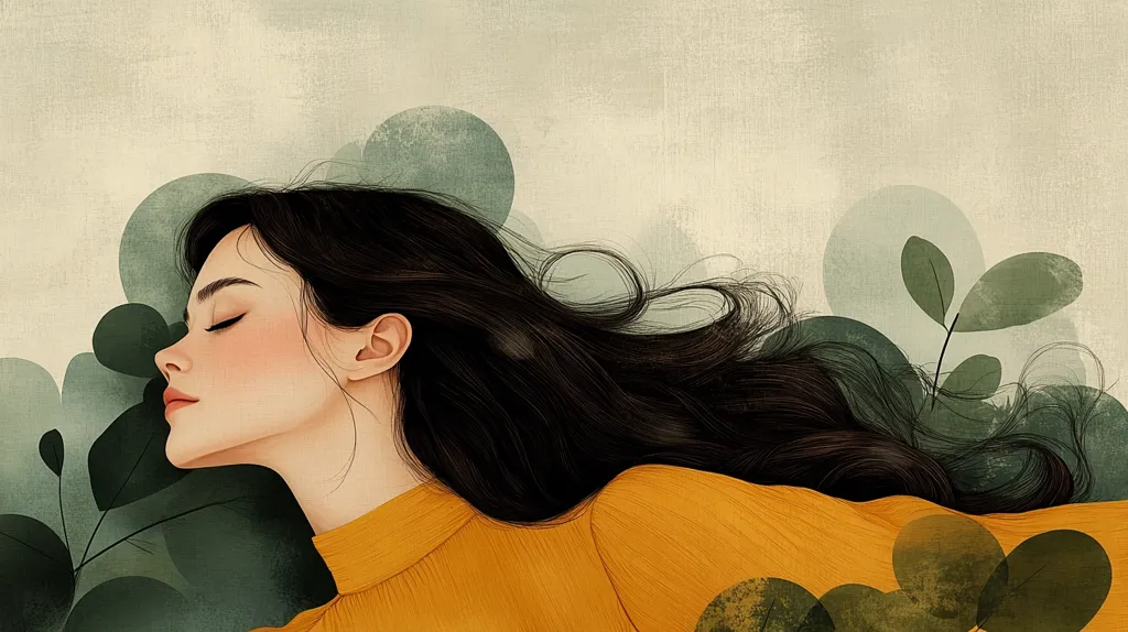 The image is a digital illustration of a young woman with long black hair, wearing a yellow sweater, lying down with her eyes closed.  She is surrounded by stylized green leaves. The background is a soft, muted beige.  The illustration has a dreamlike and serene quality.  The woman appears to be peaceful and at rest.  The use of soft colors and rounded shapes creates a sense of calm and tranquility.