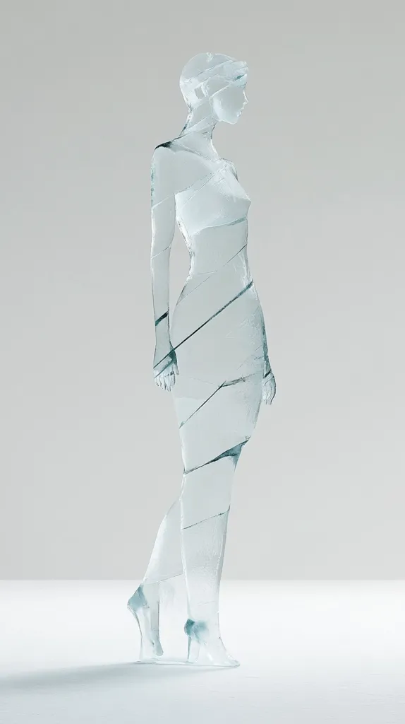 A glass sculpture of a woman, standing with one leg slightly forward. The sculpture is translucent, with a swirling pattern of clear and frosted glass, creating a dynamic and ethereal effect. The woman's form is depicted in a stylized and minimalist way, emphasizing the fragility and beauty of the material. The sculpture is displayed on a plain white surface, against a simple background, highlighting the intricate details of the glass.