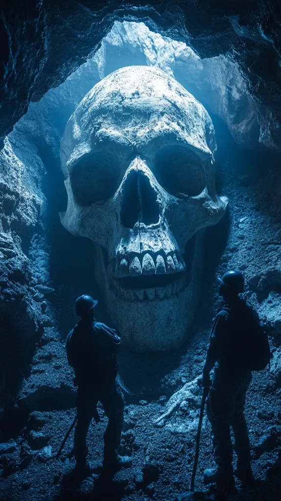 Two figures stand silhouetted against a massive, skeletal skull looming from the cave's mouth. The skull fills the entire opening, its white bone contrasting against the blue-tinged darkness. The figures appear small and vulnerable in the shadow of this colossal, ominous presence. The scene evokes a sense of awe and fear, hinting at a mysterious and potentially dangerous environment.