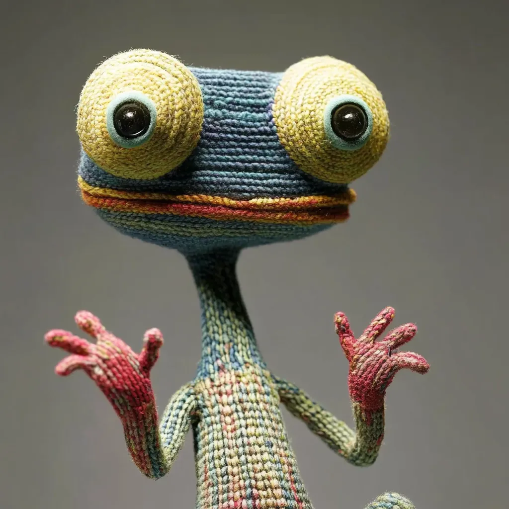 A knitted creature with large, yellow eyes, a blue head, and pink hands. The creature is made of various colors of yarn, and its body is textured and patterned. The creature appears to be a cartoon character, possibly a toy. It has a friendly and whimsical appearance. The background is a plain grey, providing a neutral backdrop for the colorful creature.