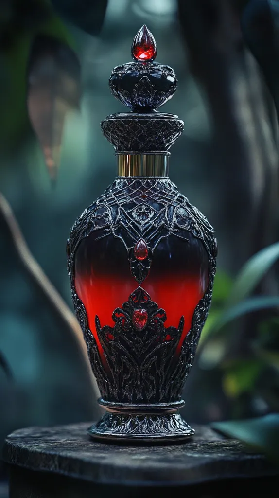A dark, ornate bottle with a red, jewel-encrusted top sits on a wooden surface. The bottle is a deep black, and the liquid inside is a vibrant red. The bottle is surrounded by lush green foliage, creating a mysterious and captivating scene.  The overall effect is one of dark elegance and mystery.