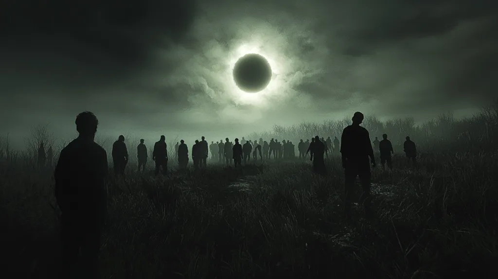 The image depicts a scene of a zombie apocalypse. A large group of shadowy figures, likely zombies, are walking towards the viewer in a desolate, foggy field. A dark, ominous eclipse hangs in the sky, casting an eerie green glow over the scene. The image creates a sense of dread and impending doom.